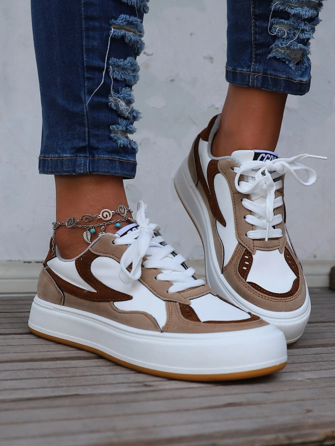 Women Colorblock Lace-up Front Casual Shoes, Sporty Outdoor Skate Shoes