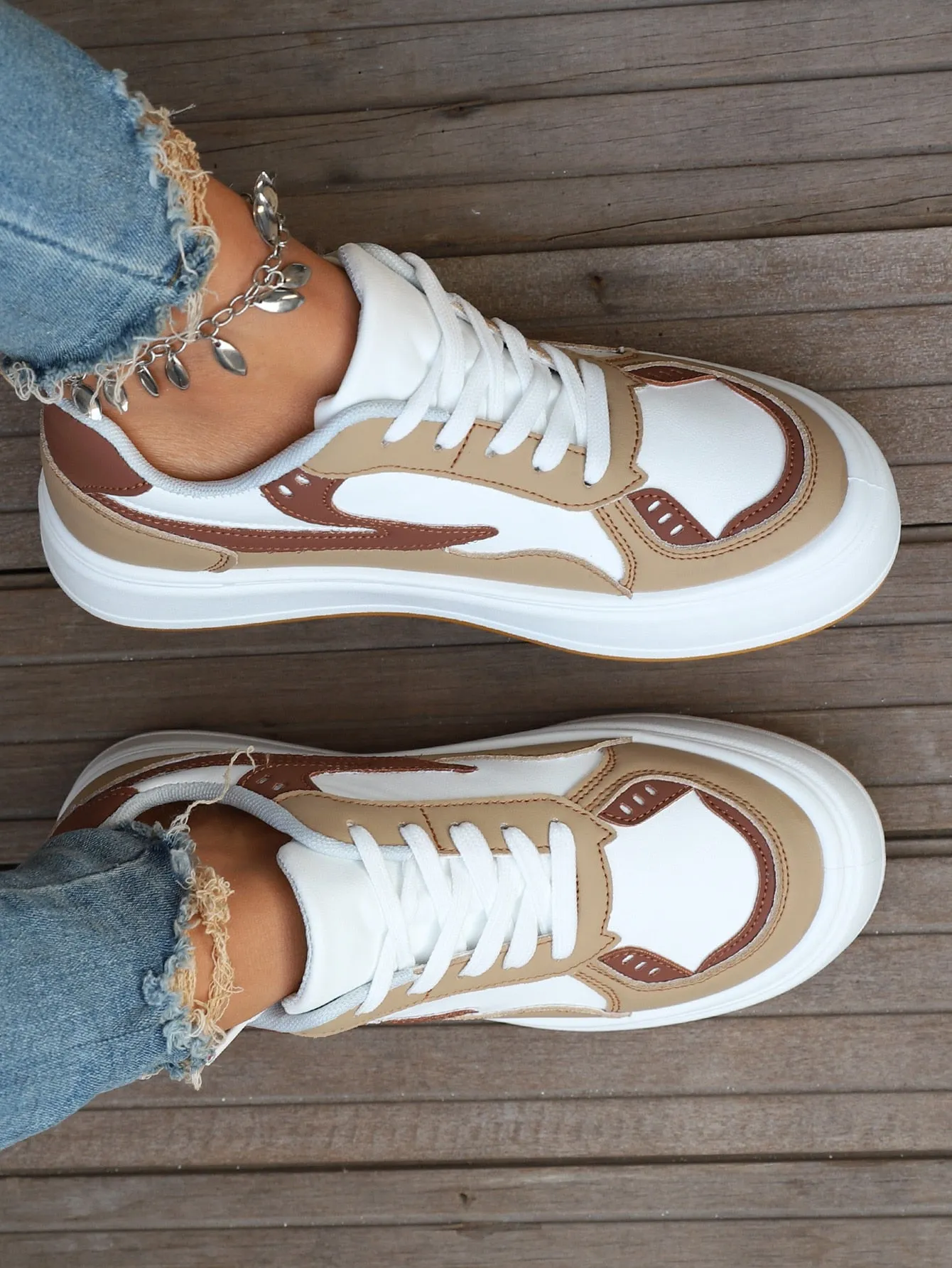 Women Colorblock Lace-up Front Casual Shoes, Sporty Outdoor Skate Shoes