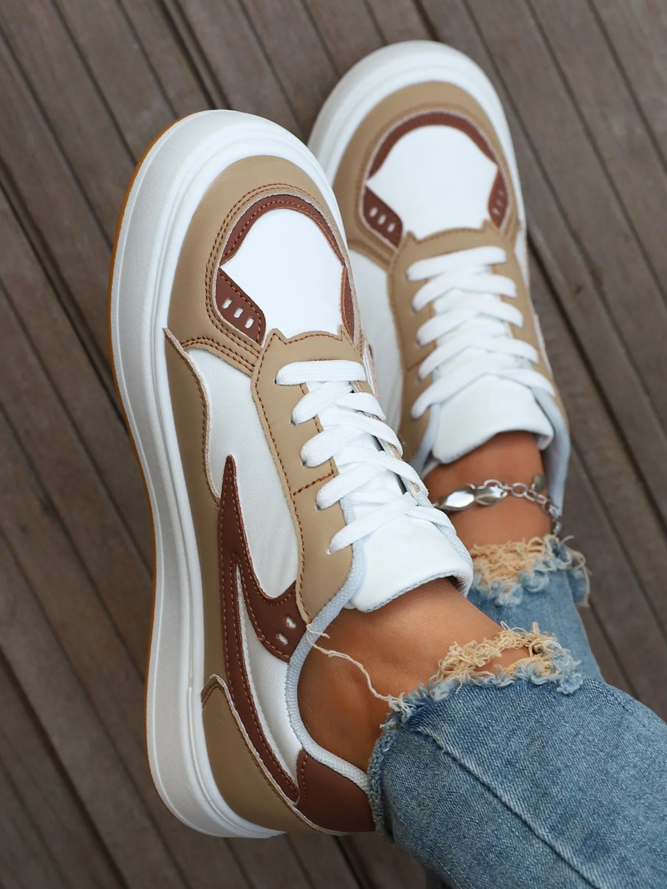 Women Colorblock Lace-up Front Casual Shoes, Sporty Outdoor Skate Shoes