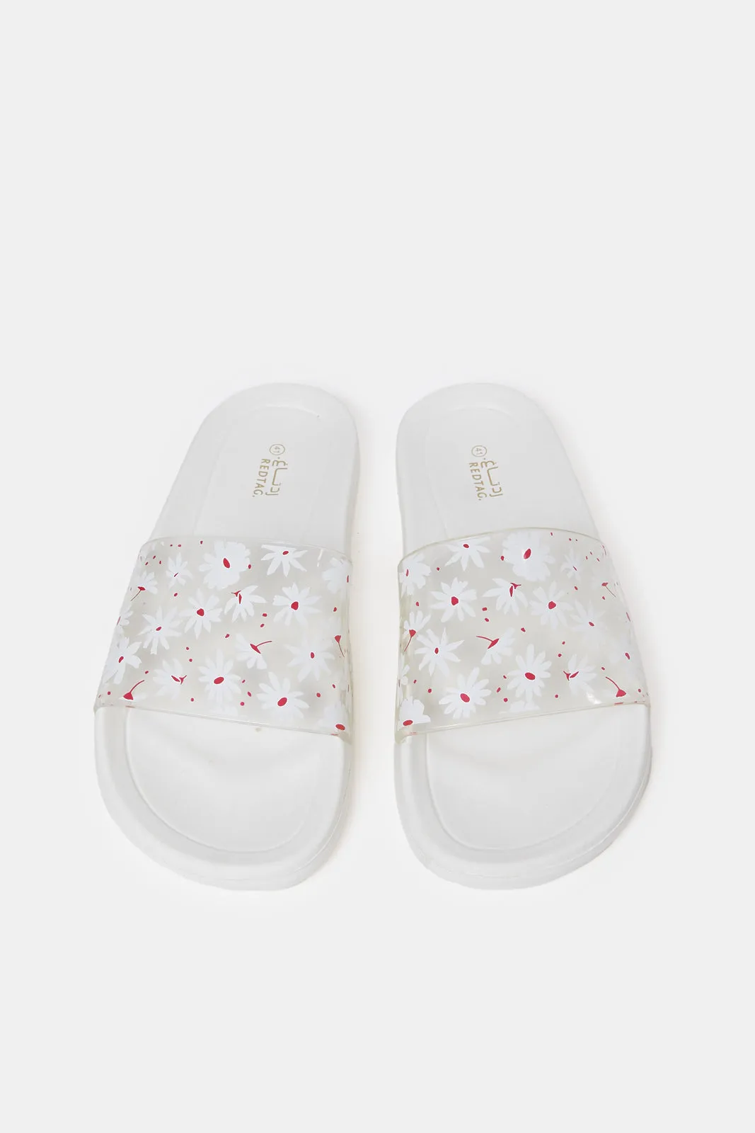 Women White Vinyl Floral Print Slides