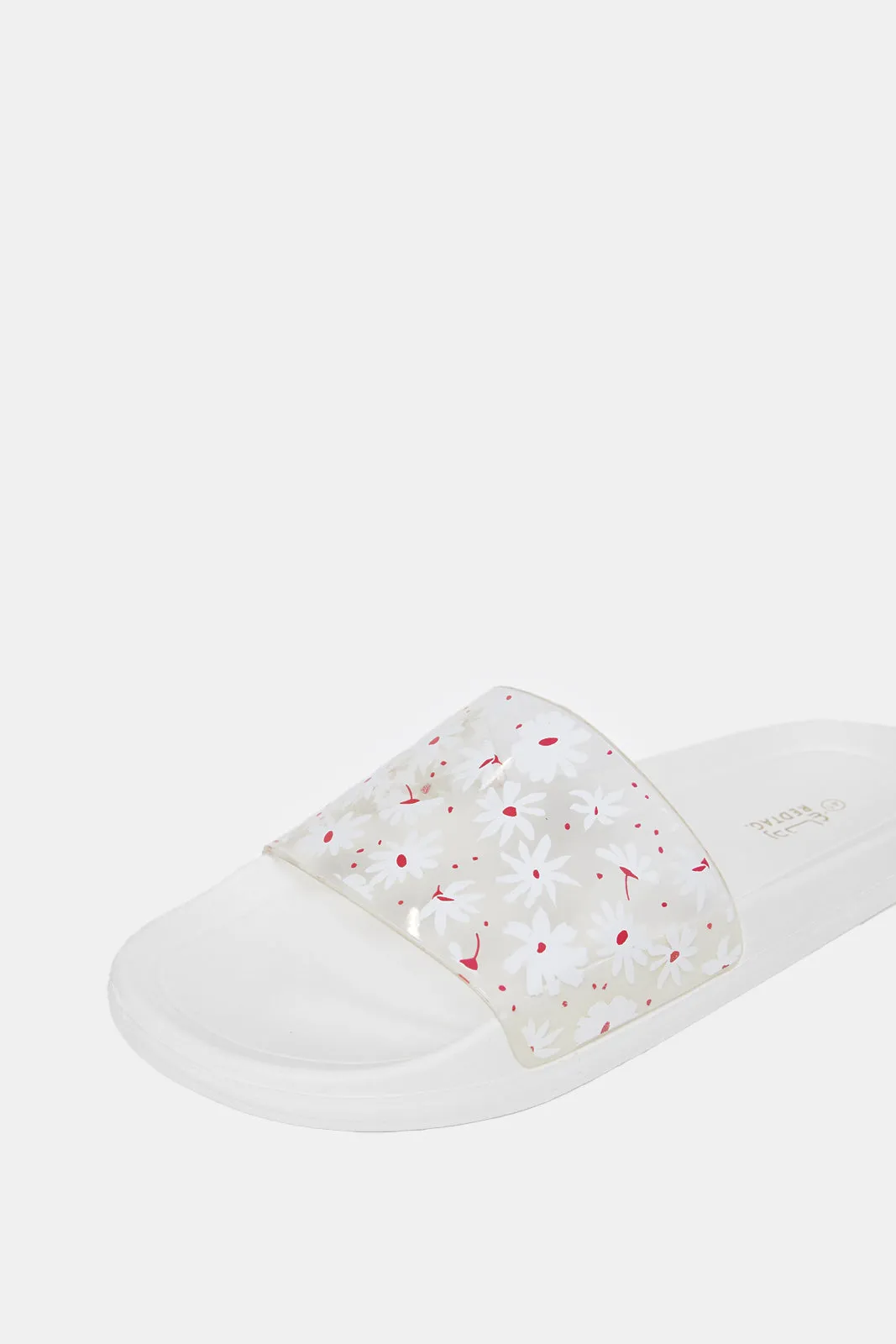 Women White Vinyl Floral Print Slides