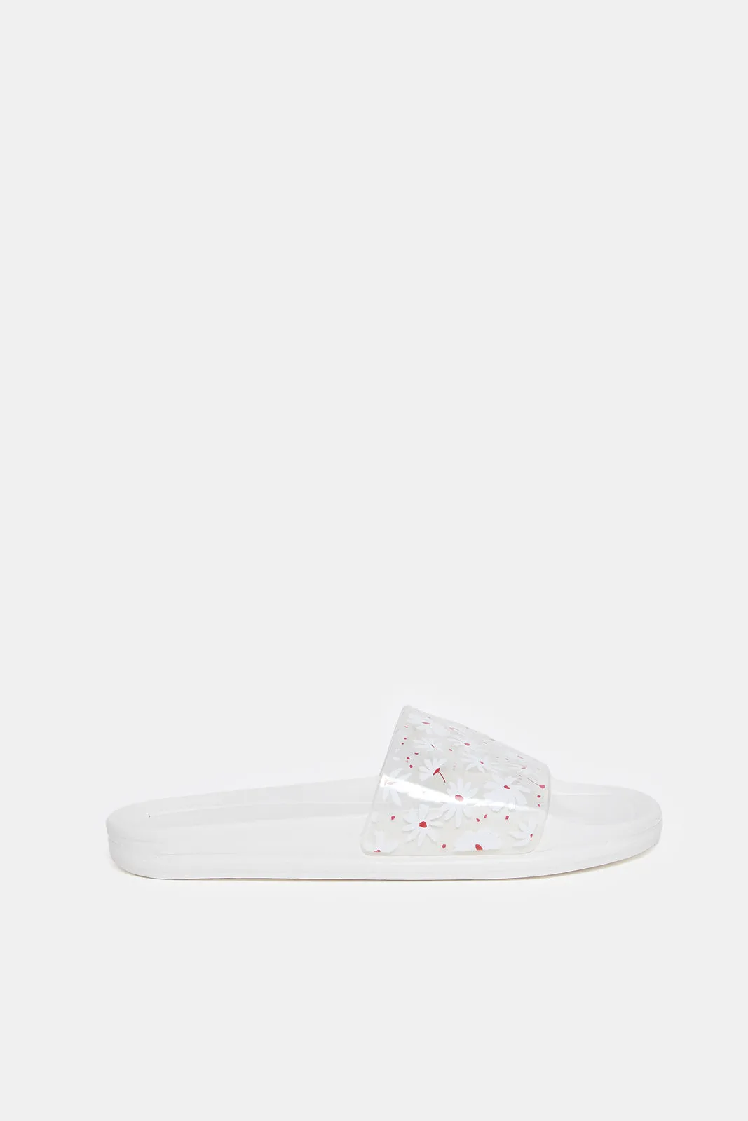 Women White Vinyl Floral Print Slides
