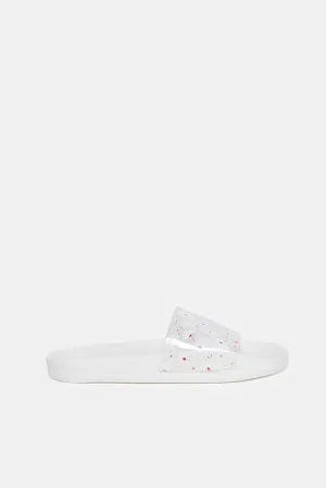 Women White Vinyl Floral Print Slides
