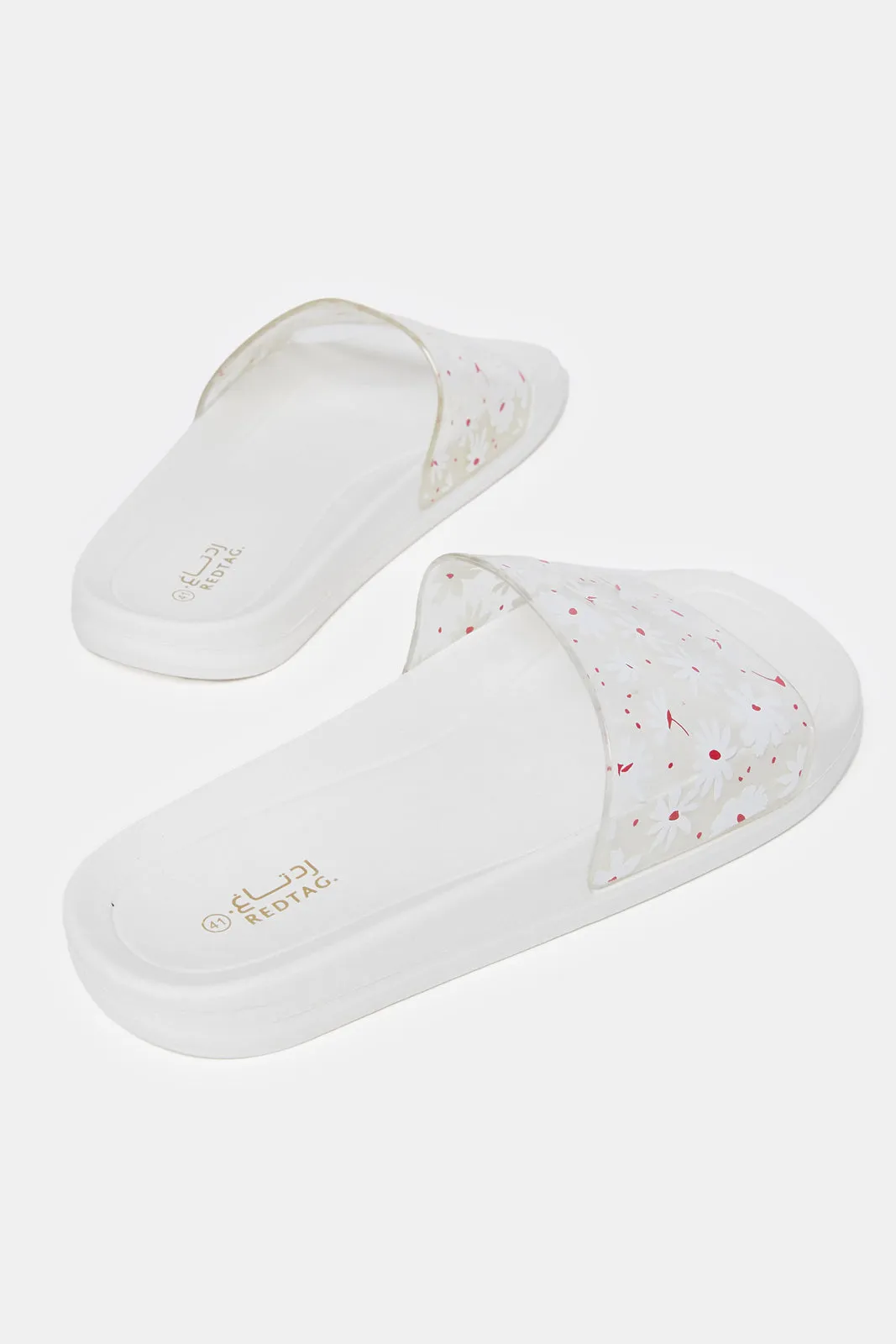 Women White Vinyl Floral Print Slides