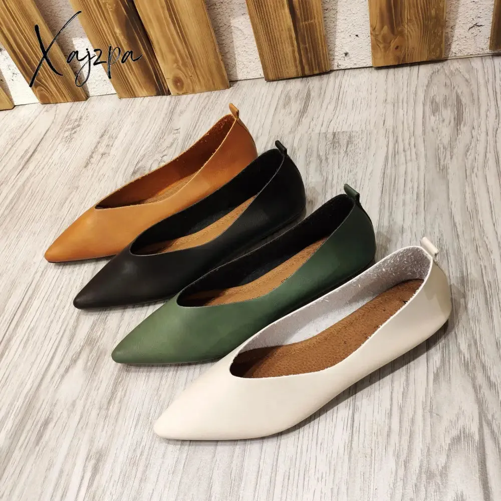 Xajzpa - Autumn Flat Single Shoes Genuine Leather Woman Flats Shoes Retro Pointed Shallow Mouth Female Shoes Large Size 43 44