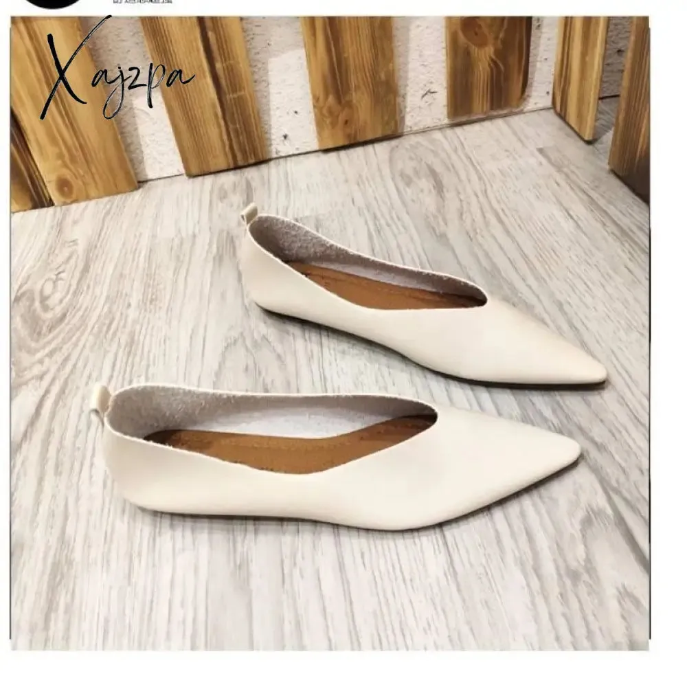 Xajzpa - Autumn Flat Single Shoes Genuine Leather Woman Flats Shoes Retro Pointed Shallow Mouth Female Shoes Large Size 43 44