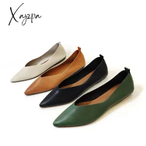 Xajzpa - Autumn Flat Single Shoes Genuine Leather Woman Flats Shoes Retro Pointed Shallow Mouth Female Shoes Large Size 43 44