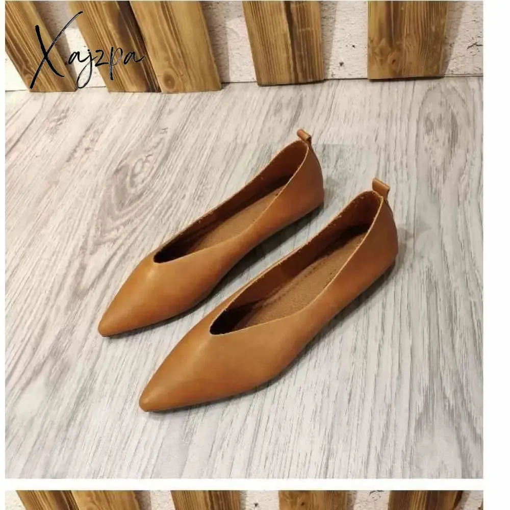 Xajzpa - Autumn Flat Single Shoes Genuine Leather Woman Flats Shoes Retro Pointed Shallow Mouth Female Shoes Large Size 43 44