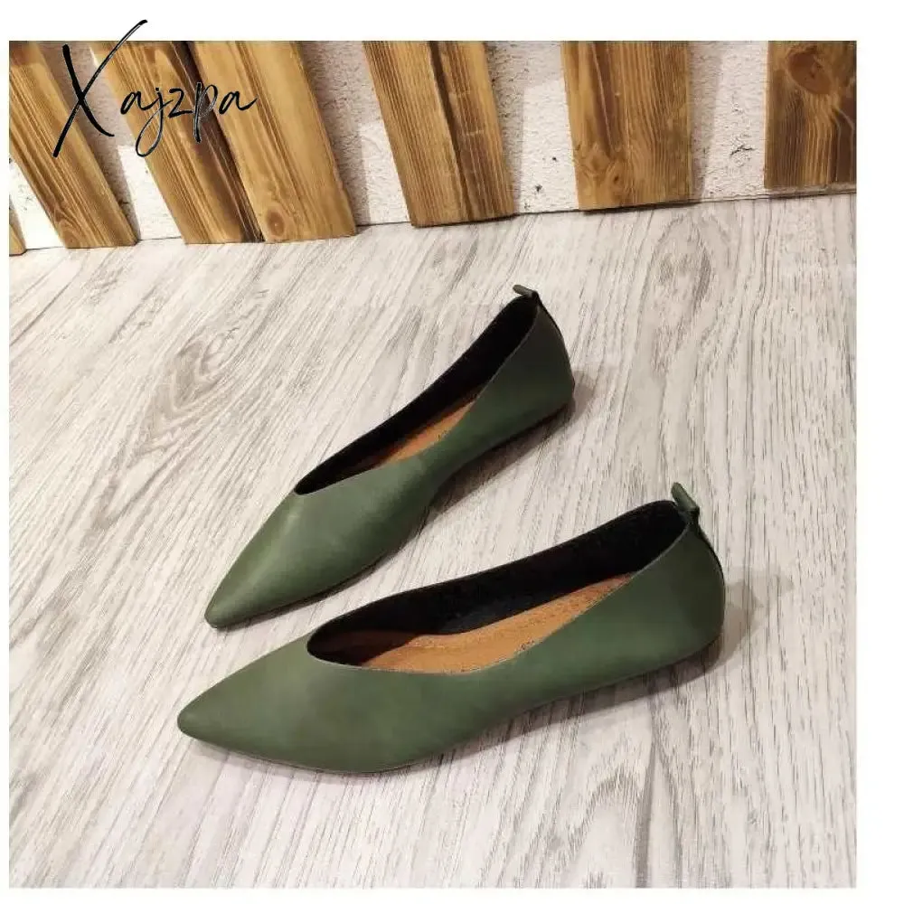 Xajzpa - Autumn Flat Single Shoes Genuine Leather Woman Flats Shoes Retro Pointed Shallow Mouth Female Shoes Large Size 43 44