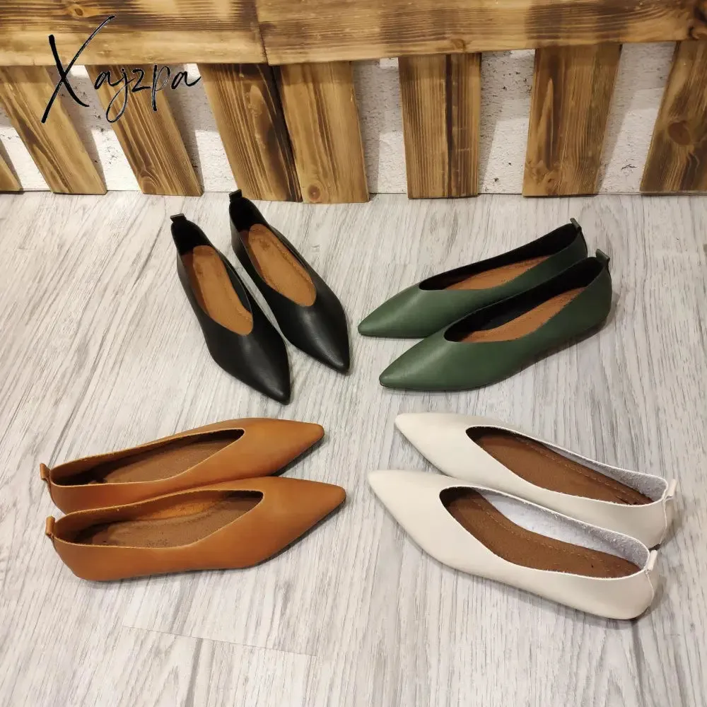 Xajzpa - Autumn Flat Single Shoes Genuine Leather Woman Flats Shoes Retro Pointed Shallow Mouth Female Shoes Large Size 43 44